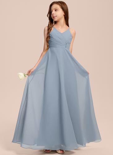 Junior Bridesmaid Dress for Teen Girls, Flower Girl Dresses A-line V-Neck Floor-Length Chiffon3