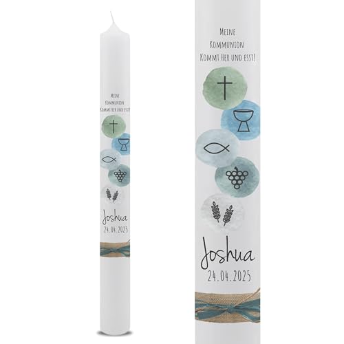 VILLA ROSA LOTTA Personalisierbare Kommunionkerze Joshua mit Wunschdaten und Rückseite | christliche Symbole | 40 cm x 4 cm | für Jungen und Mädchen | Motto 2025