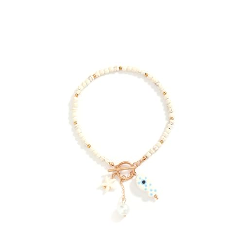 KURTCB Starfish Fish Ankle Bracelets for Women Boho Coastal Hawaiian Colorful Beaded Pearl Toggle Anklet Bracelet Summer Beachy Jewelry(White Anklet)