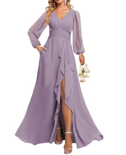Vestidos de dama de honor con mangas globo, cuello en V, plisado, de gasa, con bolsillos, Wisteria, 36