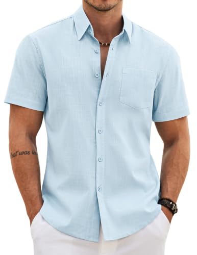 Image of COOFANDY Men's Button Down Short Sleeve Shirt Casual Cotton Summer Beach Wedding Linen Shirts with Pocket