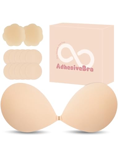 FZGO Sticky Bra Push Up Strapless Adhesive Bra Invisible Backless Reusable Cleavage Bras for Women with Silicone Nipple Covers Pasties Nude