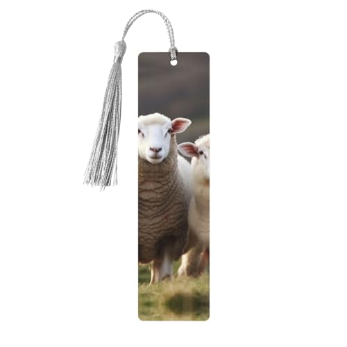 羊と子羊のしおり タッセル付き、木製しおり 女性用 男性用 ハンドメイド ブックマーク 本好き向け 読書ページマーカー 木製タグ オーナメント 誕生日 教師 ギフト