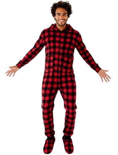Del Rossa Adult Onesies for Men, Hooded Footed Winter Fleece Hoodie Red Black Buffalo Check Small (A0320AEASM)