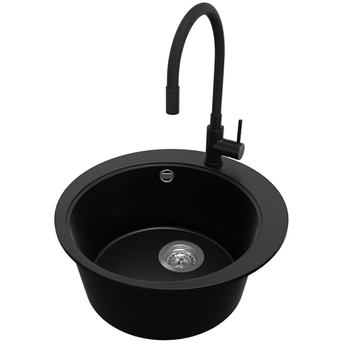 PRIMAGRAN Fregadero Granito Circular Negro 50x50cm, Fregadero Cocina 1 Seno + Sifón + Grifo 40x38cm, Fregadero sobre encimera al mueble 45cm - Pisa