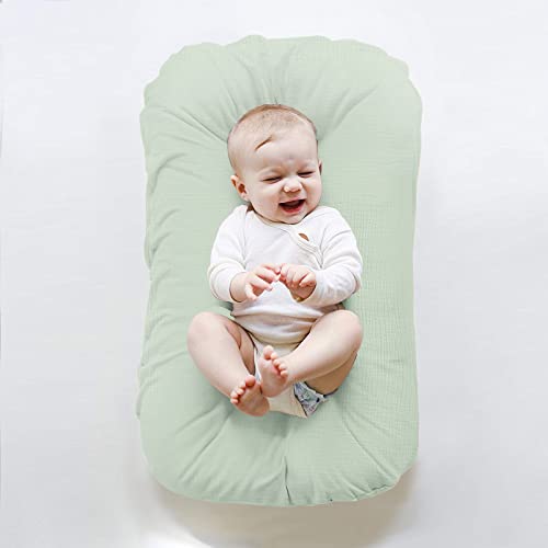 Image of ZonLi Baby Lounger for Newborn, Baby Nest Cover for 0-12 Month, Portable Nest Sleeper Cover for Infant with 100% Cotton Muslin Cover - Breathable, Natural (Mint Green)