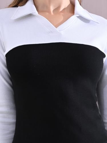 Image of Ribbed Two-Tone Collared Cotton Top for Women - Black & White