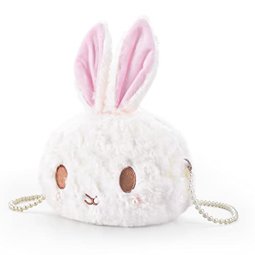 Image of kawaii bunny Crossbody bag,cartoon Plush Rabbit wallets,cute Lolita Handbag for women, Lovely Fluffy animal purse (pearl chain) white