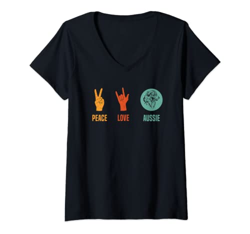 Womens Vintage Peace Love Aussie Australian Shepherd Dog Gift V-Neck T-Shirt