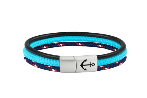 Paris Montana Herren Armband Segeltau Leder Handgefertigtes maritimes Armband mit Edelstahl Magnetverschluss und Ankergravur Stilvolles Accessoire & Geschenk für Männer (Blue Horizon 21 M)