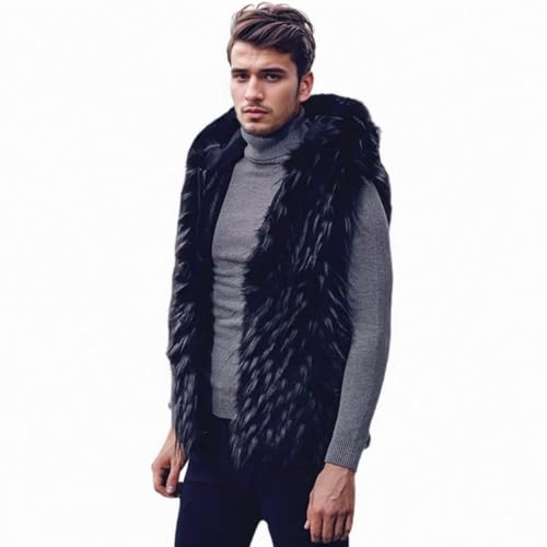 AMTFBY Men's Warm Faux Fur Hooded Waistcoat Short Vest Jacket Coat Sleeveless Outwear