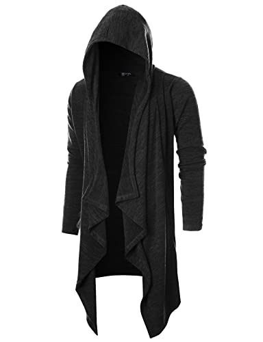 GIVON Mens Hooded Cardigan Ruffle Shawl Collar Drape Cape Overcoat with Pockets & Oversized Hood
