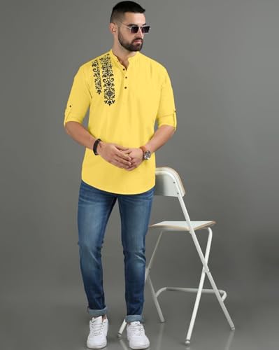 Image of FINIVO FASHION Men's Regular Fit Cotton Blend Kurta Shirt | Full Sleeve Ethnic Shirt with Mandarin Collar and Button Placket | Casual Kurta for Daily and Traditional Use
