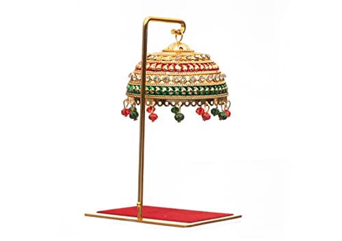 Image of Metal Chhatra with Hanging Crystals - Decorative Umbrella for God Idols, Car Dashboard, Home Temple & Table Decor - Chatri Aasan for Murti (M99)
