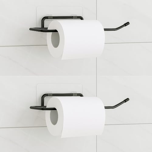 Image of Amazon Brand - Umi Toilet Paper Holder Wall Mount MS Metal Bathroom Tissue Holder, Toilet Roll Holder for Bathroom & Kitchen, Heavy-Duty Self Adhesive (2) (Black)