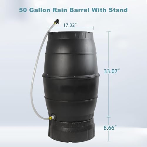 Image of SQUEEZE master 50 Gallon Rainwater Collection Barrel with Stand-BPA Free Home Rain Catcher with Outlet Hose-Flatback Designed Water Storage Collection Barrel for Gardens and Plants