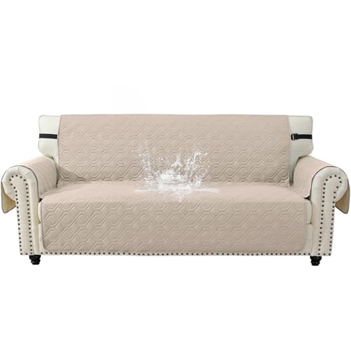 YSTELLAA Impermeable Funda Sofa 3 Plazas con Brazos, Cubre Sofas Antideslizante Antimanchas, Fundas para Sofa Antiarañazos Gatos, Sofa Cover Universal Lavable, Beige