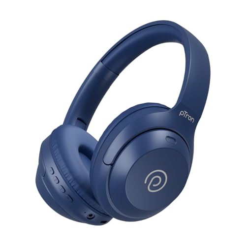 Image of pTron Studio Classic w / 75Hrs Playtime, Wireless Over Ear Headphones w /HD Mic, Dual Device Pairing, TruTalk AI-ENC Calls, Low-Latency Game & Music, Deep Bass, BT5.4 & Type-C Charging (Blue)