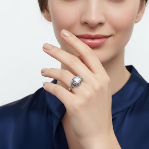 Image of Choose Your Gemstone Vintage Halo Diamond CZ Engagement Ring Sterling Silver Cushion Shape Vintage Engagement Rings Minimal Modern Design Birthday Gift Wedding Gift US Size 4 to 12