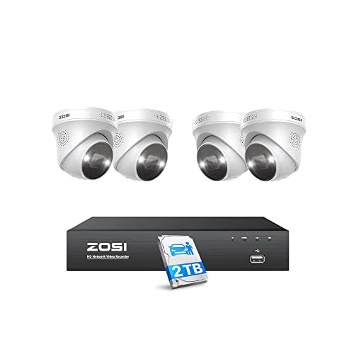 ZOSI 4K PoE CCTV Camera System with Person Vehicle Detection, 8-Port 16CH 4K NVR with 2TB HDD, 4x5MP Outdoor Indoor PoE Security Cameras, Color Night Vision, 30fps, 2 Way Audio, Sound Light