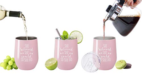 Fancyfams She Believed She Could So She Did - 12 Oz Stainless Steel Stemless Wine Tumbler With Lid And Straw – Congratulations, Graduation, Promotion, Going Away, Job Change, Congrats Gift (Pink) #TOP2