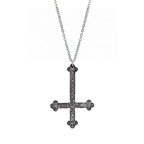 Upside Down Cross Necklace Victorian Ornate Cross Necklace Gothic Satanic Jewelry Wealth Money Lucky Charm Safety Talisman Chain Necklace (pattern inverted cross)