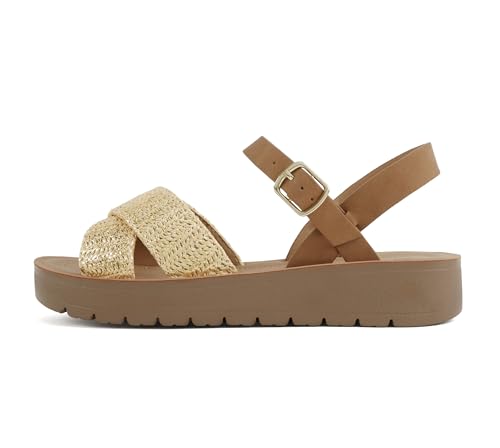 Image of Soda CHESTER ~ Women Flat Sandals Flatform Ankle Buckle Criss Cross Band Straps Sandals Shoes (Gold Raffia, 5.5)
