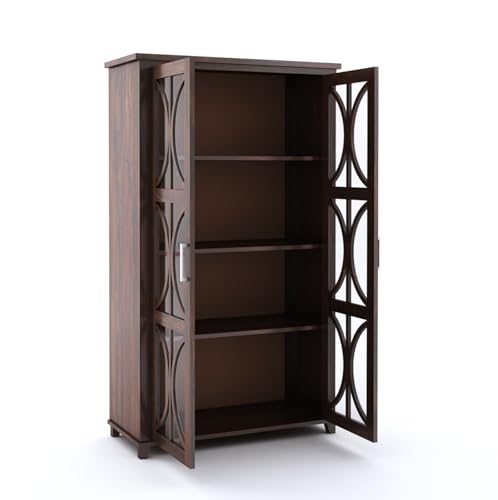 Image of SONA ART & CRAFTS Solid Sheesham Wood Crockery Cabinets with Glass Door | Wooden Showcase Almirah | Solid Wood Book Shelf for Home Crockery Unit for Kitchen Living Room (Walnut Finish)