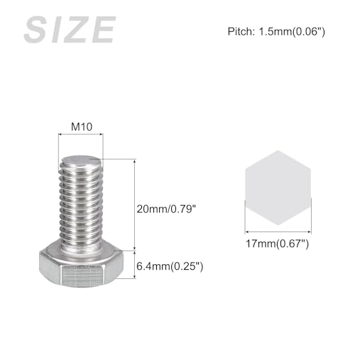 Image of METALLIXITY Hex Bolts (M10-1.5x20mm) 10Pcs, 304 Stainless Steel Coarse Fully Threaded Hex Head Screw Bolt Machine Screws - for Furniture Repair, Silver