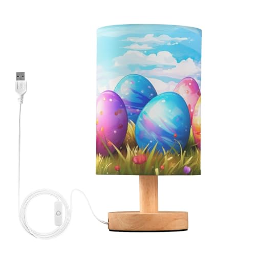 SDMKA Easter Colorful Eggs Bedside Table Lamp for Bedroom, Minimalist Nightstand Lamp with Round Fabric Shade for Living Room, Office, No Bulb Required