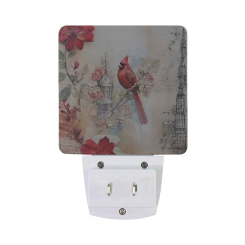 Image of Red Cardinal Bird Flower Night Lights 2 Pack Plug-in Wall Led Nightlight Auto Dusk-to-Dawn Sensor Lamps for Bedroom Kitchen Bathroom