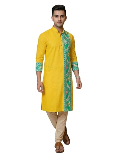 Image of Men's Jamdani Printed Kurta Pajama Set | Pure Cotton Ethnic Kurta with Mandarin Collar & Dupion Silk Pyjama | Festive & Weddings 303A12A 303SB12B(M XXL)