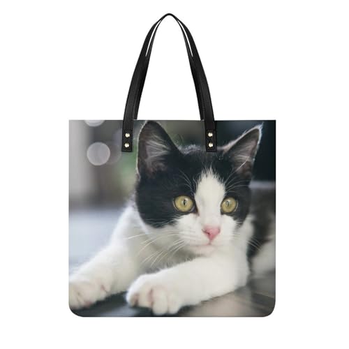 Sac noir et blanc chat imprimé grand sac à bandoulière tote bag 39x39cm
