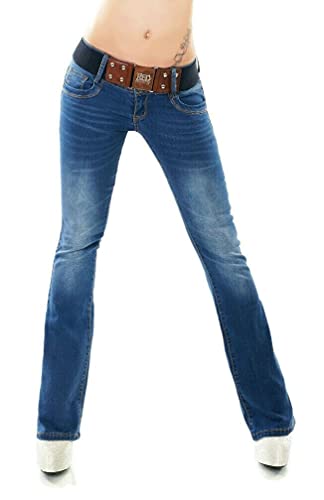 RED SEVENTY Women's Stretch Denim Skinny Boot Cut Jeans Pants Blue Faded with Belt UK 6-14 (12, Blue WT366)