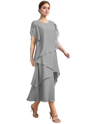 Chiffon Tiered Mother of Bride Dresses for Women Tea Length Formal Wedding Guest Dress