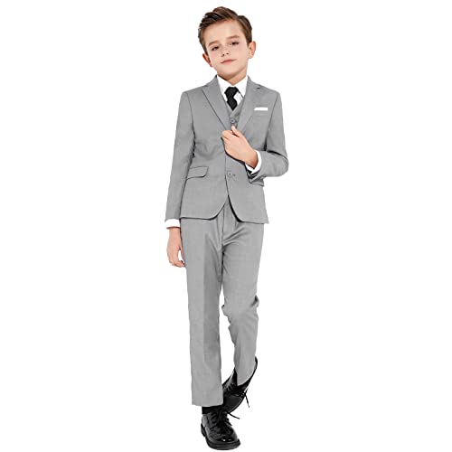 Plavict Boys' Suits Slim Fit 5 Piece, Adjustable Waist, Boys Formal Set Lightgray #TOP2