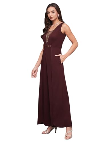 Image of Miss Chase Women's Halter Neck Sleeveless Solid Wide Leg Sequin Paneled Regular Length Jumpsuit