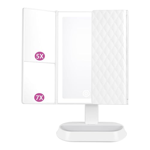 Produktfoto von Auxmir Schminkspiegel mit Beleuchtung, Faltbar 1X/5X/7X Kosmetikspiegel, 60 Stück LED Tischspiegel mit 3 Lichtfarben&hellip;