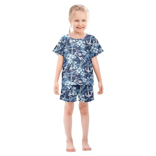 ALAZA Nautical Anchor Blue Flowers Pajama Set Short Sleeve Sleepwear Soft Lounge Nightwear3