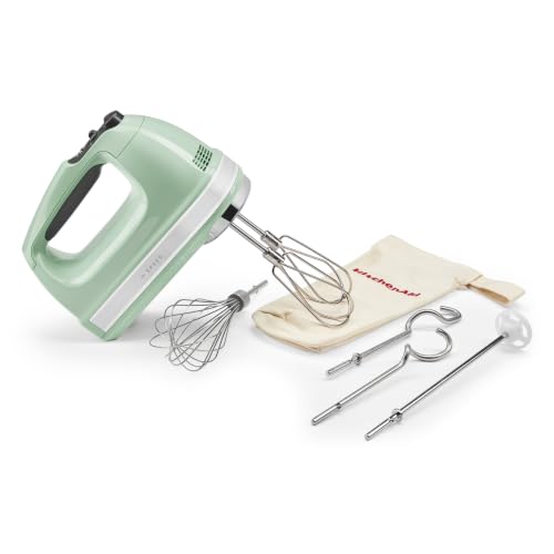 KitchenAid 9-Speed Hand Mixer 85W Quiet DC Motor with Soft Start 6 Accessories Beaters Whisk Dough Hooks & Mixing Rod Swivel Cord Storage Bag Included Pistachio