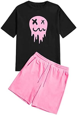 Romwe Men's Summer Graphic Print T Shirt and Shorts Set Tracksuit 2 Piece Outfits Black and Pink XL