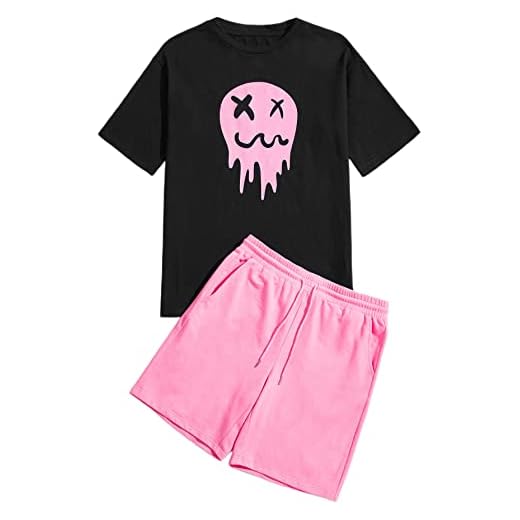 Romwe Men's Summer Graphic Print T Shirt and Shorts Set Tracksuit 2 Piece Outfits Black and Pink L