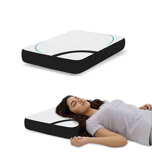 Image of Memory Foam Pillow, 66x38x12 cm Shredded Orthopedic Support for Neck Pain Relief, White /Black Jacquard Cover with Zipper, Aligned Spine Bedding for Side /Back Sleeper, Supportive PC