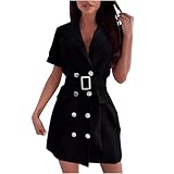 Women's Casual Elegant Mini Blazer Dress Button Lapel Short Sleeve Work Business Fashion Short Suit Dress with Belt Black