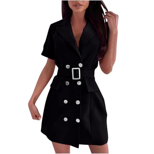 Women's Casual Elegant Mini Blazer Dress Button Lapel Short Sleeve Work Business Fashion Short Suit Dress with Belt Black