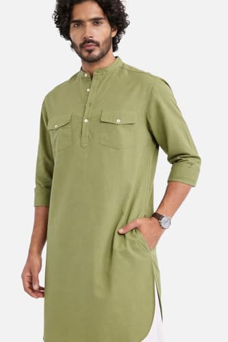 Image of SNITCH Men Casual Kurta Shirt | Regular Fit Full Sleeve Mandarin Collar Solid Pattern | Premium Cotton Linen Blend & Breathable Fabric for Festive Season & Holiday Wear