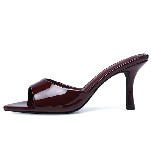 Image of Riekhany High Heel Mules for Women Slip On Open Pointed Toe Classy Patent Leather Stiletto Pumps Formal Slingback Mule Sandals Dress Walking Shoes