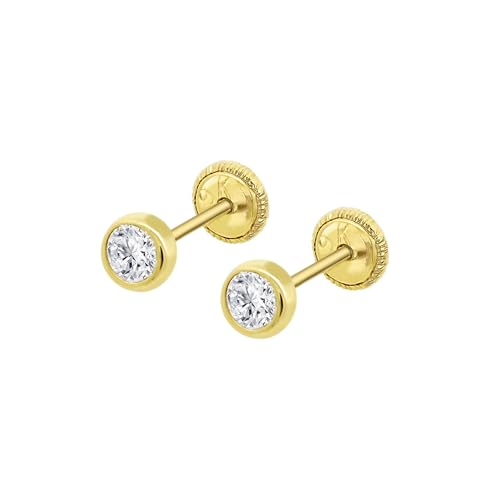 TIME ROAD Pendientes Bebé Niña de Oro 9K HIN00197/4 - Cierre Seguro de Rosca 4 mm - Infantil 3, 6, 12 a 24 meses - Ideal como Regalo de Nacimiento, Bautizo o Cumpleaños