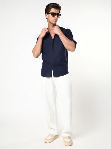 Image of Urbano Fashion Men's Linen Blend Full Sleeve Relaxed Fit Mandarin Collar Casual Solid Shirt