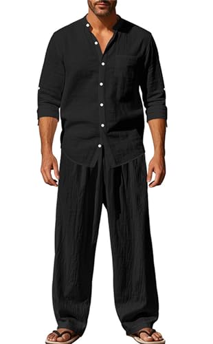 Men's 2 Piece Linen Shirts Suit Long Sleeve Henley Neck Pants set Casual Daily Wear